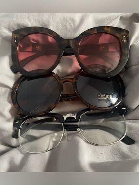 Set of 3 Sunglasses & Glasses in Tortoiseshell, Black, and Pink Lenses